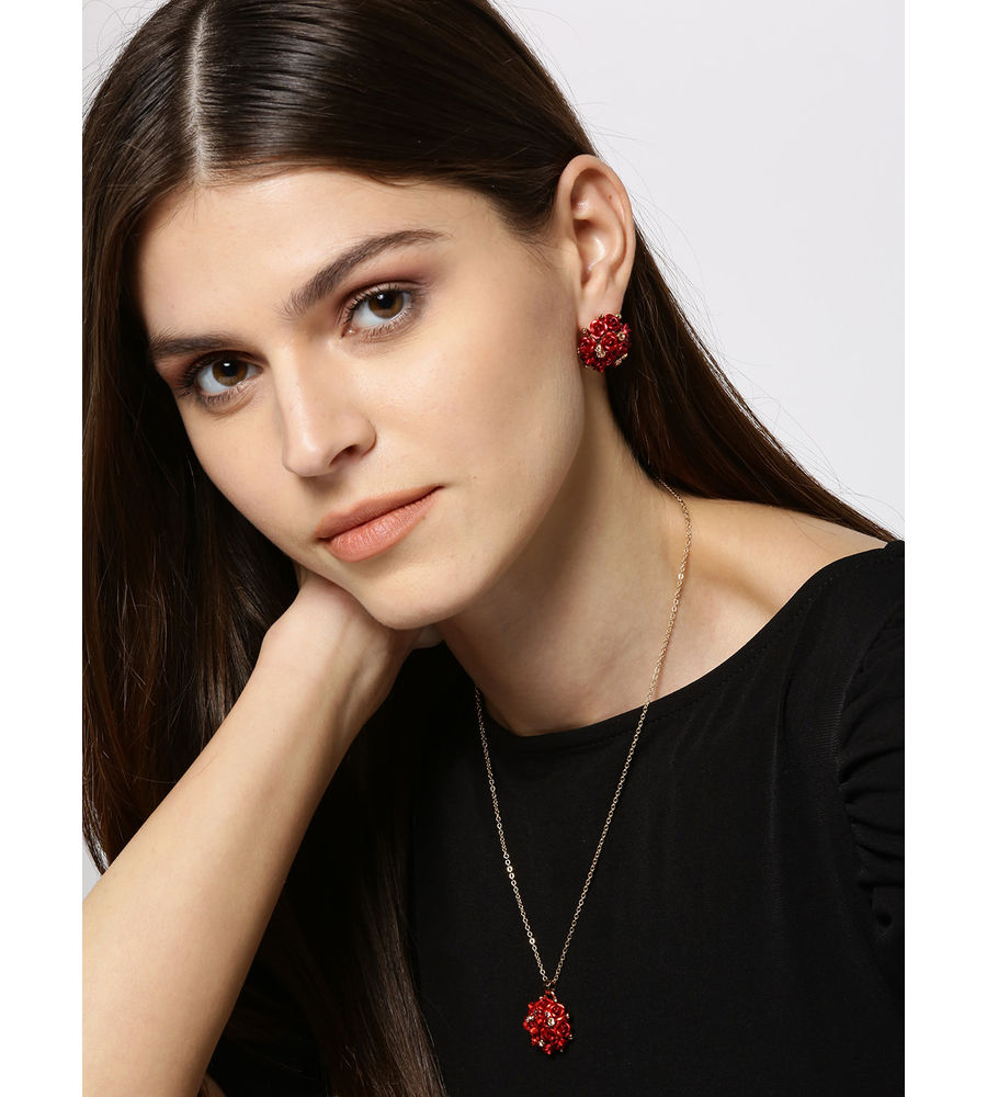 YouBella Red Gold-Plated Stone-Studded Floral Jewellery Set